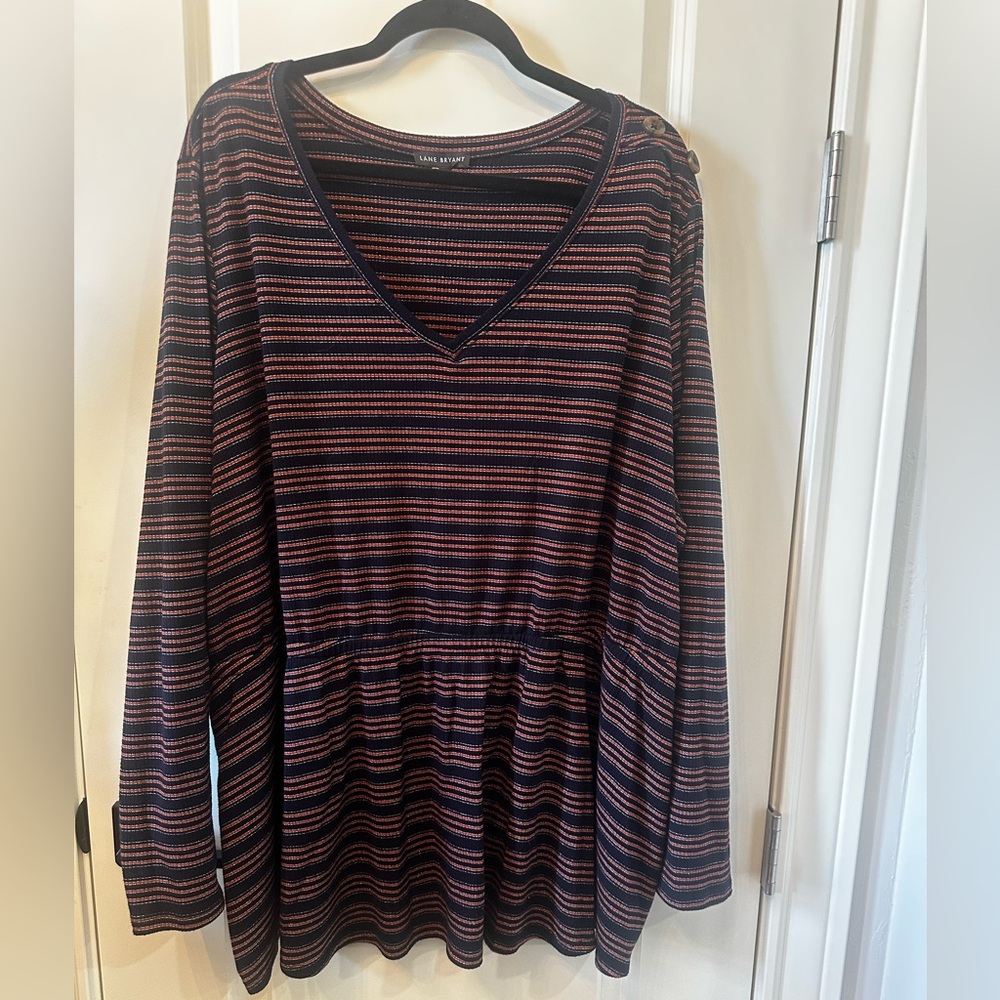 Lane Bryant Blue and Red Striped Long Sleeve Top